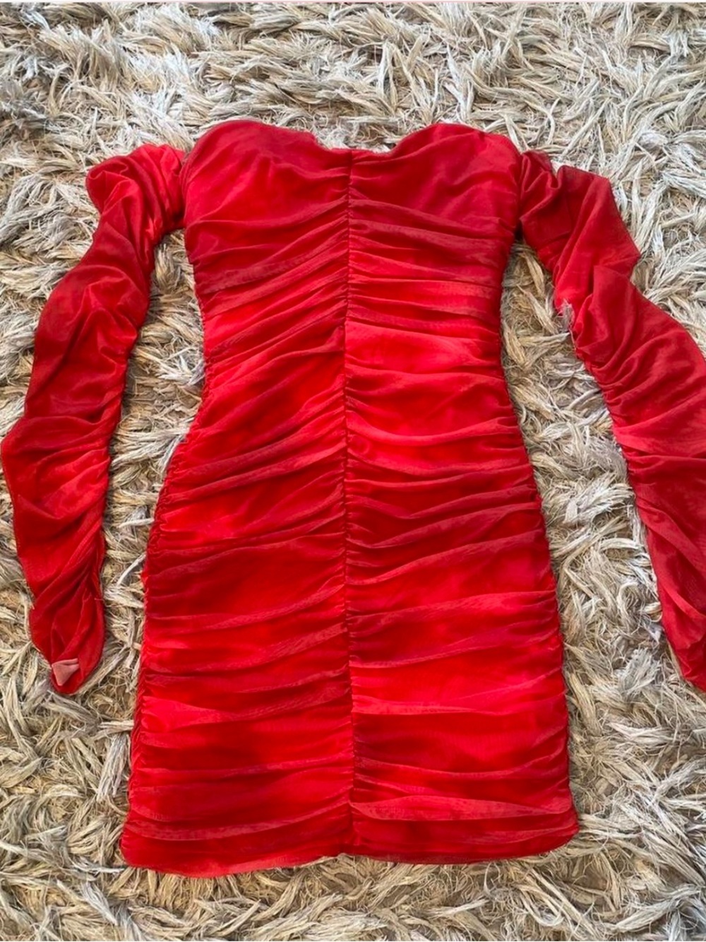 Off-Shoulder Red Ruched Bodycon Dress - Picture 2 of 7